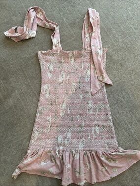 LoveShackFancy Pink Floral Smocked Sundress with Ruffle Hem